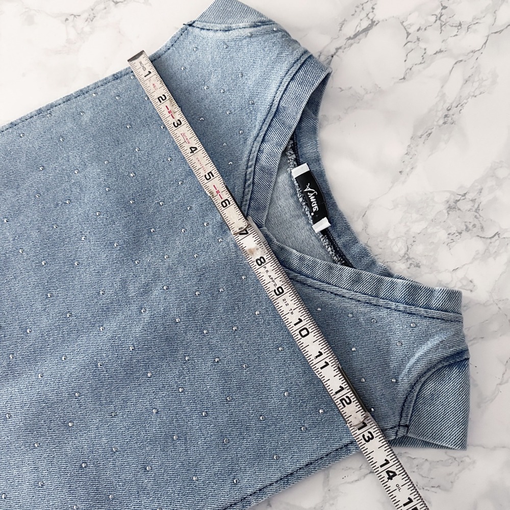 Aynaz Denim Rhinestone Open Side Tir Blue Cotton Crop Top Womens Size 36 - Picture 6 of 8